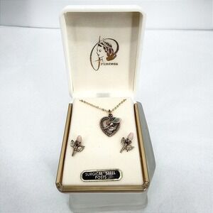 Princess Brand Jewelry Set Heart Rose Filigree Gold Tone VTG Necklace Earrings